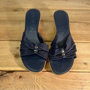 Vintage ITALIAN SHOEMAKERS Navy Blue Open Toe Wedge Sandals Sz 12 Made In Italy